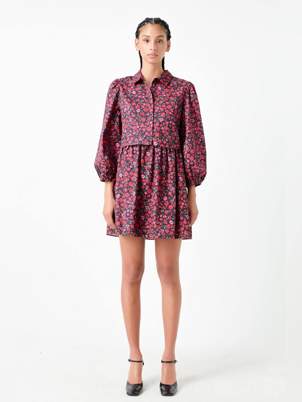 English Factory Floral Shirtdress Mini Dress 100% Cotton 3/4 Sleeves Pink Medium